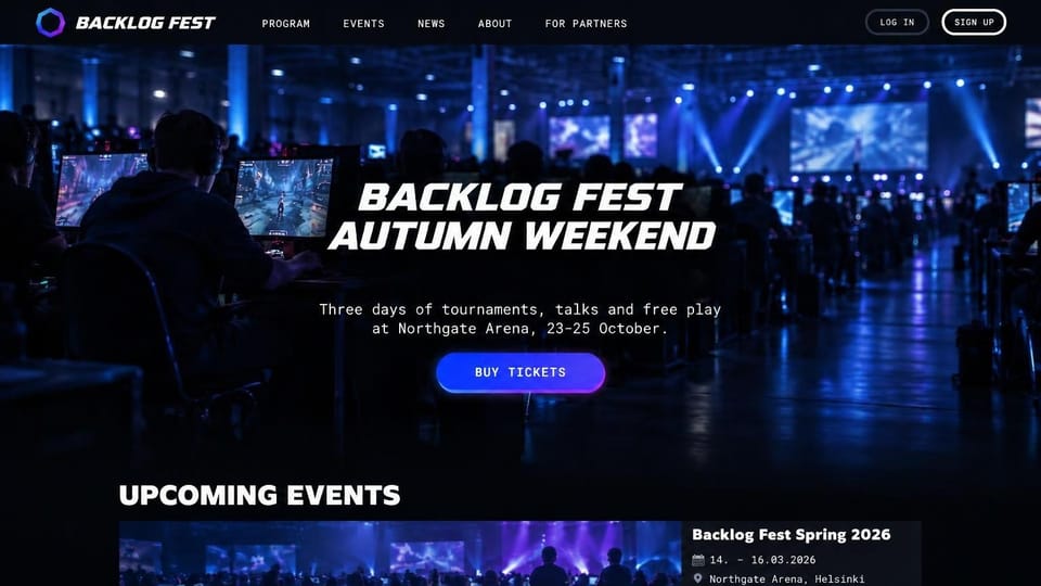 Gaming website design, esports festival with upcoming events: dark blue arena with stage lights and screens, italic white headline, a blue tickets button, an upcoming events strip