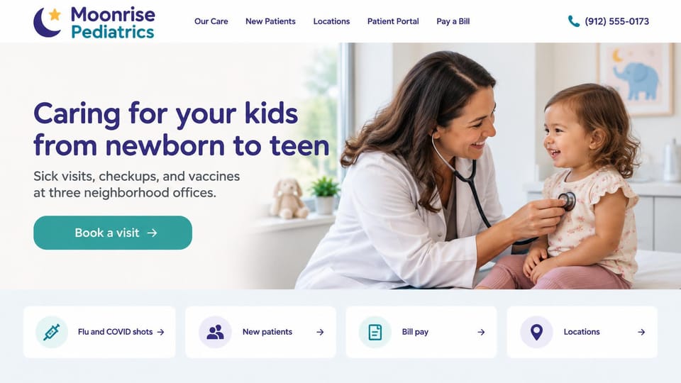 Medical practice website design, pediatrics with quick-link cards: white page, a deep purple headline and teal book button beside a pediatrician listening to a giggling toddler's chest, white link cards below