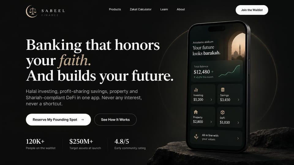Coming soon website design, faith-based finance app waitlist on black: black page, white serif headline with a gold italic word, a phone showing balance and savings cards on a dark rock, three stats below