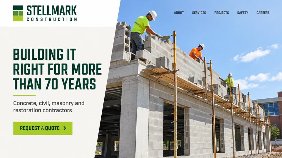 Construction website design, concrete and masonry contractor in green: off-white panel with a dark green condensed headline beside masons laying concrete block on scaffolding under blue sky, a lime green button