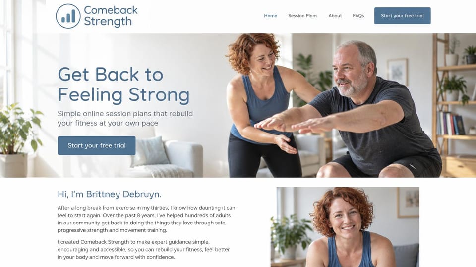 Personal trainer website design, online session plans for restarting exercise, in soft blue: white page in soft blue, a large blue-gray headline, a free trial button, a smiling trainer guiding a gray-haired man's squat in a bright living room, an intro with her portrait below