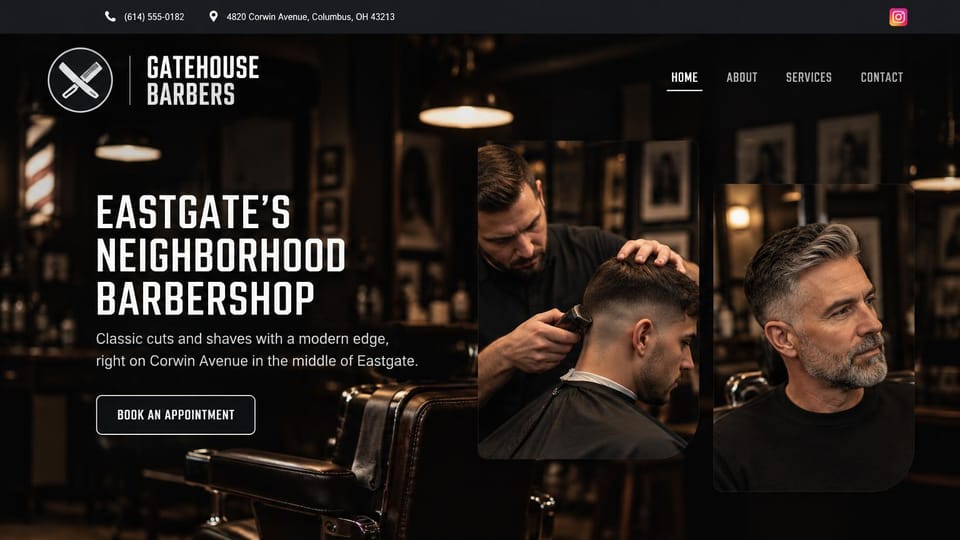 Barbershop website design, neighborhood barbershop with a contact bar on top: dark barbershop interior with a striped pole, a crossed razor and comb logo, condensed white capitals and two rounded photos of a fade and a gray beard