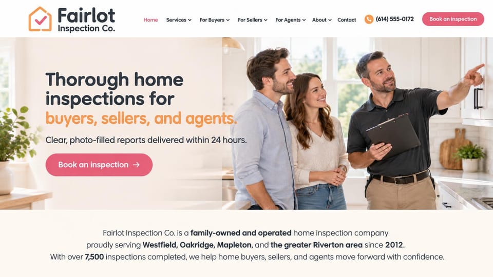 Home inspector website design, family-owned company with buyers in the photo: white and blush page, charcoal and orange headline, a coral book button, an inspector with a clipboard showing a couple around a bright kitchen