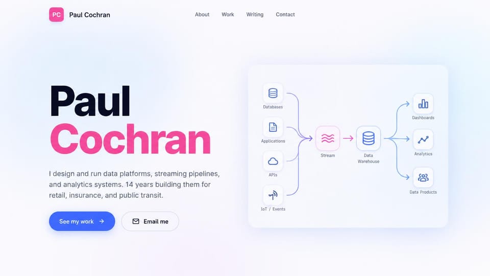 Developer portfolio website design, data engineer with a pipeline diagram: pale blue-white page, a black and pink name, a blue button and a diagram of data flowing to dashboards