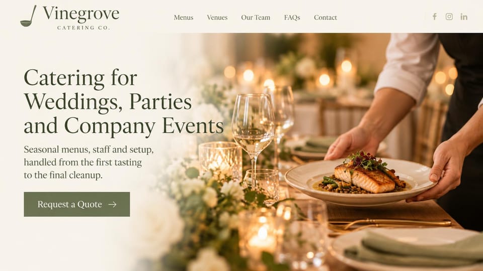 Catering website design, wedding and company catering in soft candlelight: cream fade into a candlelit table where a server sets down a salmon plate, a dark serif headline and a sage green quote button