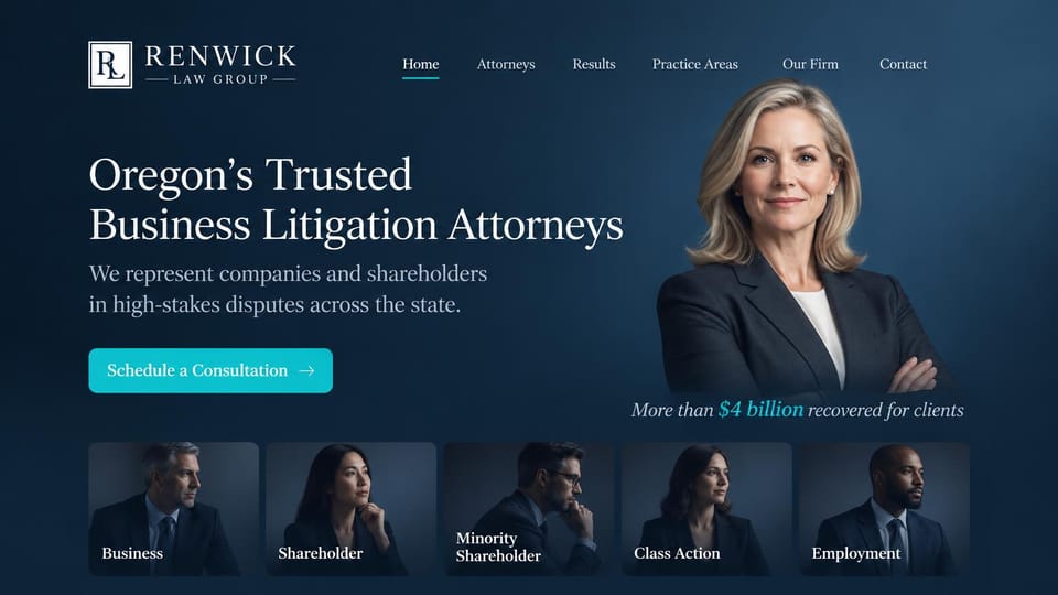 Law firm website design, business litigation with matter cards: navy and teal, an attorney portrait above a row of photo cards for each kind of matter