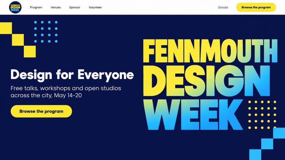 Event website design, citywide design week with free talks and open studios: white header with a round badge logo, a deep navy page, huge yellow to blue gradient letters, yellow and cyan squares and dots, a white headline and a yellow program button