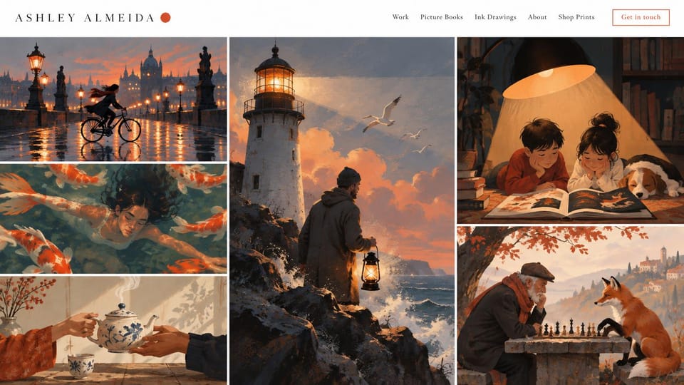 Artist website design, painterly illustration with prints for sale: white page, a grid of painterly illustrations of a lighthouse, a cyclist at dusk and children reading