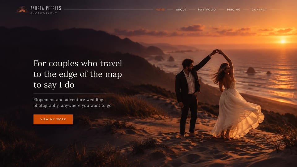 Photography website design, elopement at golden hour: a couple dancing on a beach cliff at sunset, a white serif headline on the left and an orange button