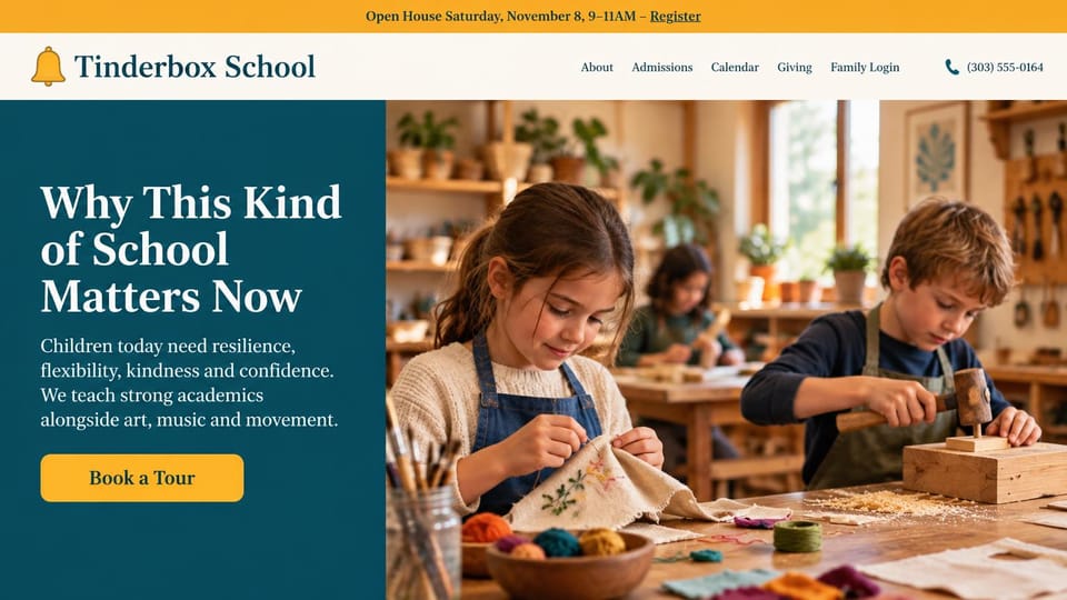 School website design, child-centered school with a making class: gold open house strip, cream header with a bell logo and phone number, a deep teal panel with a white serif headline, children sewing and hammering wood