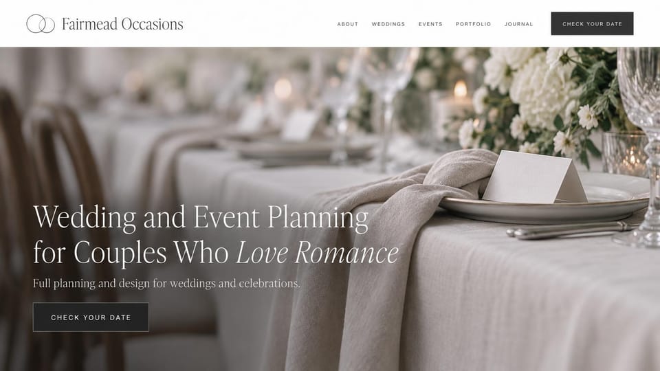 Event planner website design, romantic event planner with a table detail: soft close-up of a table setting with a linen napkin, place card and glassware, serif headline with an italic accent
