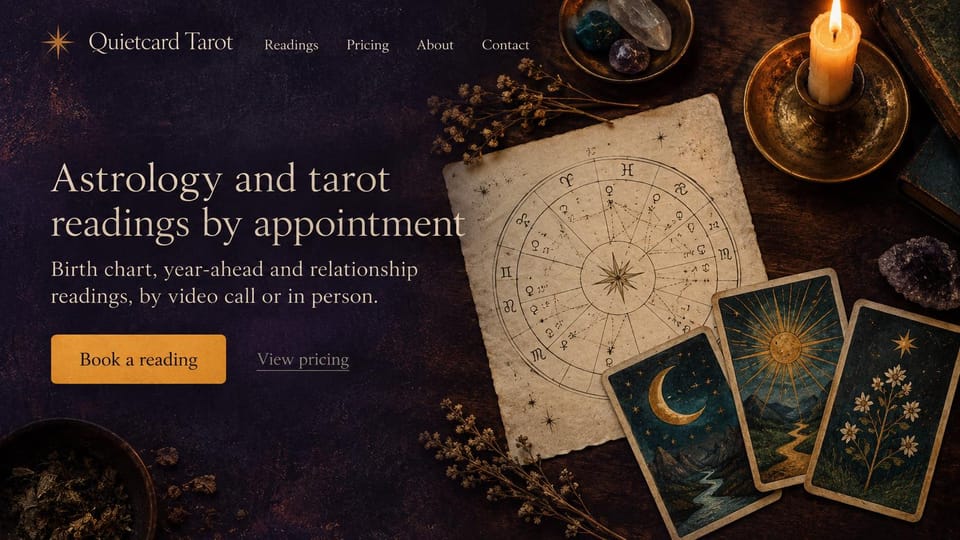 Astrology website design, astrology and tarot in a plum still life: dark plum page, a cream serif headline, an amber button and a pricing link beside a candlelit still life of a parchment birth chart, three painted tarot cards and crystals