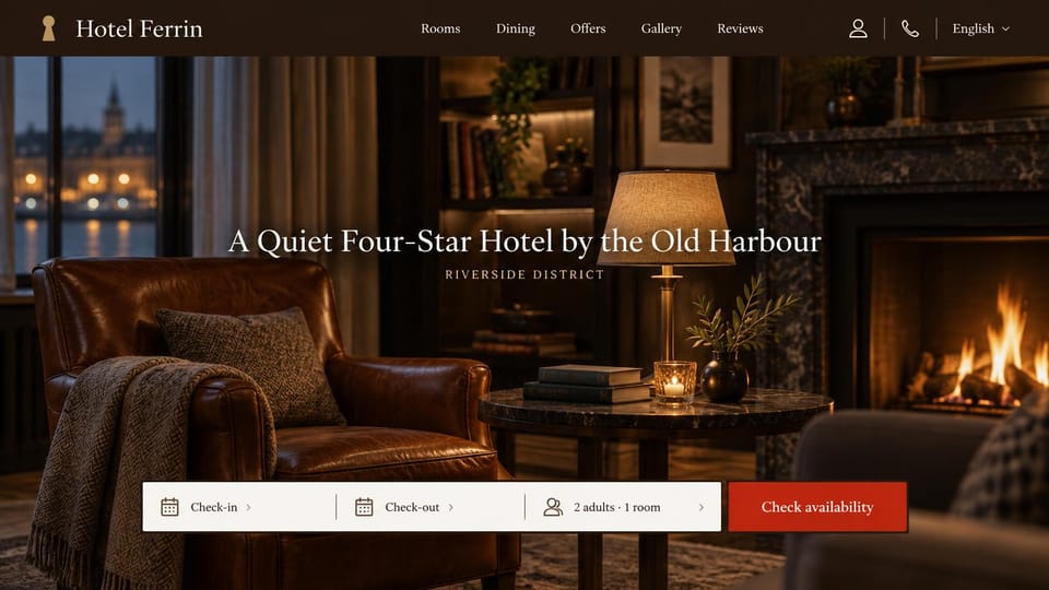 Hotel website design, harbor hotel by the fireplace: a leather armchair by a fire in a dark lounge, a white serif headline and a red availability bar