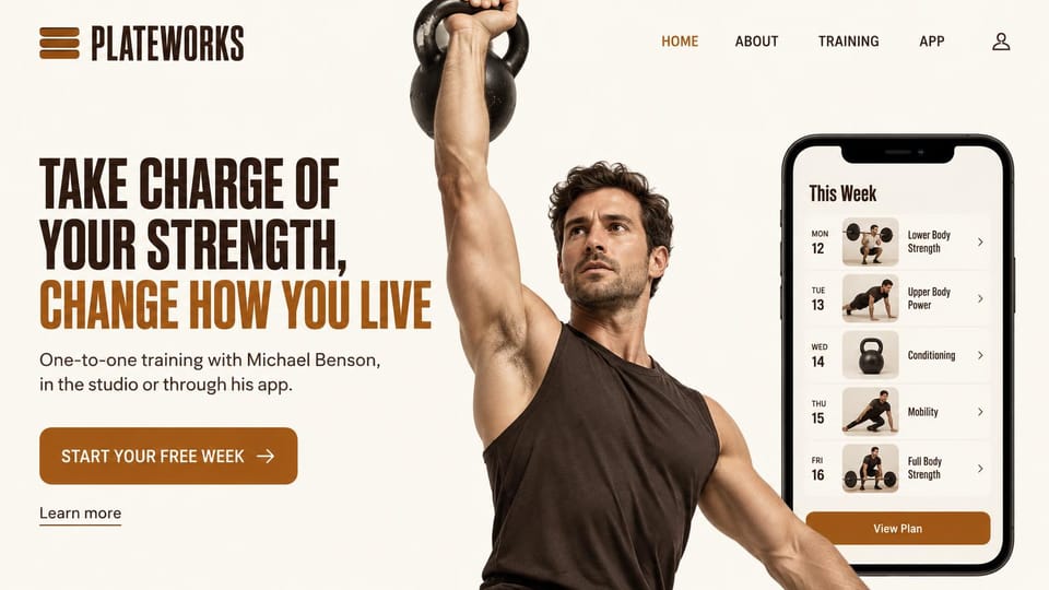 Personal trainer website design, studio training plus an app, with a phone mockup: cream page, a condensed brown and orange headline, an orange free week button, a man lifting a kettlebell overhead beside a phone showing a weekly plan