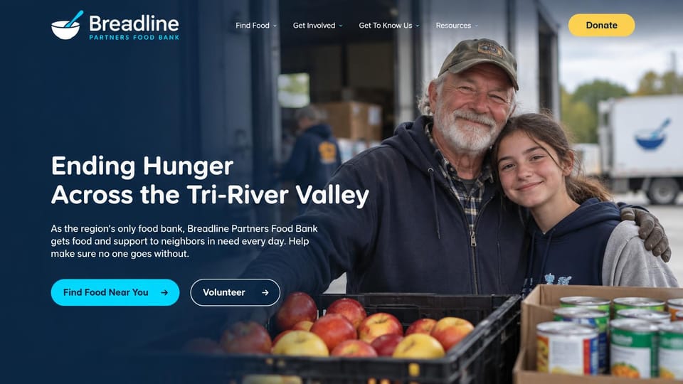 Nonprofit website design, food bank that leads with help, not the ask: navy overlay on a grandfather and granddaughter at a food bank, a bright cyan find-food button