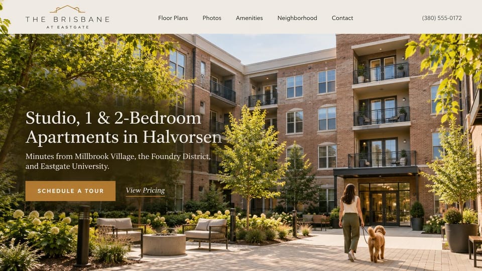 Apartment website design, courtyard community near a campus and shops: cream header with a gold roofline logo, a sunny brick courtyard with lounge chairs, a fire pit and a woman walking a curly-haired dog, white serif headline and gold tour button