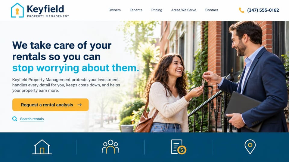 Property management website design, rental home management with a two-tone promise: white header with a blue keyhole house logo, a navy and bright blue headline, a yellow rental analysis button and search rentals link, a manager handing keys to a woman on brownstone steps, a navy icon strip