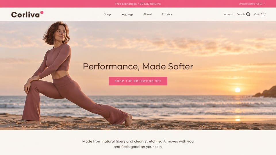 Fashion website design, leggings and sets on a beach at sunset: pink top bar, a woman in a rose crop top and flared leggings in a deep lunge on a beach at sunset, a dark headline and a pink button