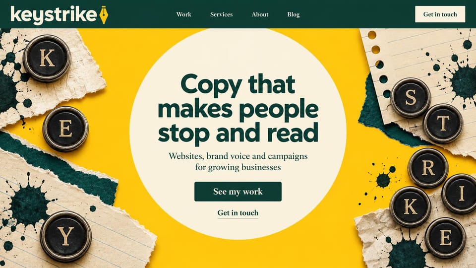 Writer website design, copy studio with typewriter keys: yellow page with torn paper, dark green ink spatter and old typewriter keys around a cream circle with a green headline