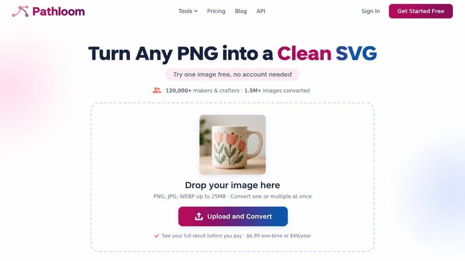 Landing page website design, online tool with the upload box as the hero: white page, dark headline with a magenta highlight, dashed upload box with a mug photo and a magenta upload button