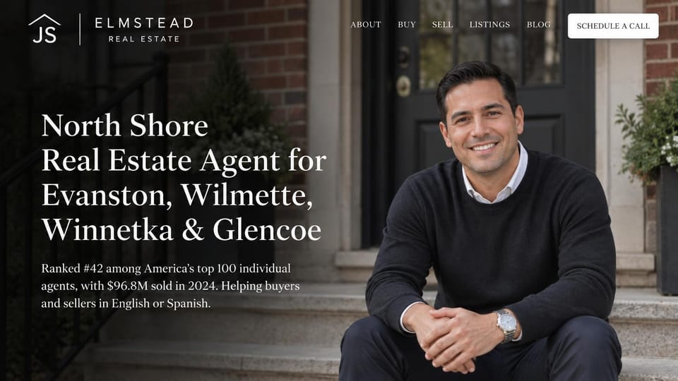 Real estate website design, suburban agent who works in two languages: a smiling agent on brick steps, a white serif headline over a dark photo and a white call button