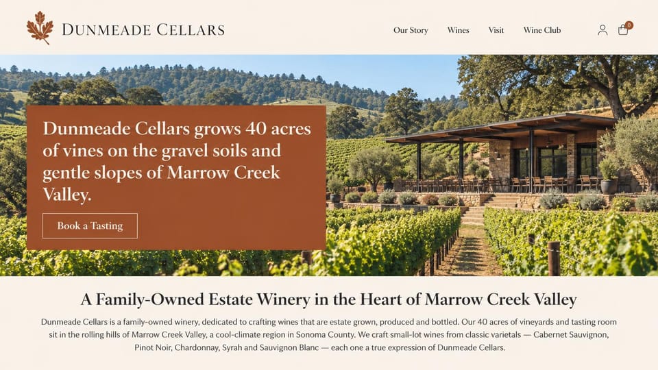 Winery and brewery website design, family estate that leads with its soil and slopes: cream header with a rust oak leaf mark, vineyard rows below a stone tasting pavilion, a rust panel with a white serif headline and an outlined button, and a centered story below