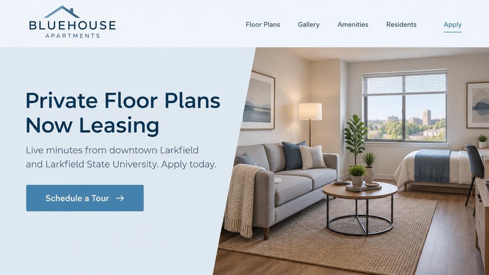 Apartment website design, private student floor plans in pale blue: pale blue page, navy sans headline and steel blue tour button, a furnished studio with a sofa, a bed and a campus view through the window