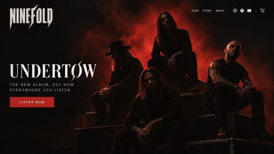 Musician website design, heavy band in red smoke: black and deep red, band members in smoke, a white album title and a red listen button