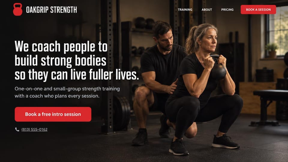 Personal trainer website design, strength coaching with a mission-statement headline: dark warm gym photo of a coach kneeling behind a gray-haired woman in a kettlebell squat, a white condensed headline, a red intro session button, a phone number