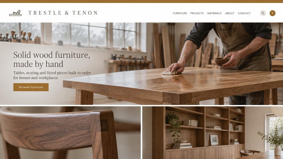 Carpentry website design, solid wood furniture from workshop to room: white header with a thin gold bar, a woodworker oiling an oak table in a bright workshop, a gold button and two photos below