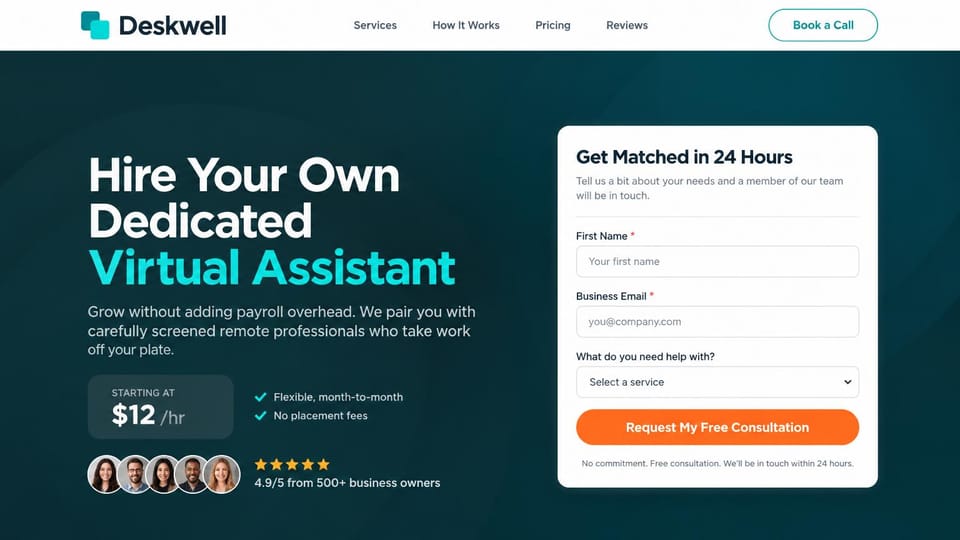 Virtual assistant website design, vA staffing with an hourly rate and a match form: deep teal page with a white and aqua headline, an hourly price card, a row of portraits with review stars and a white form with an orange button