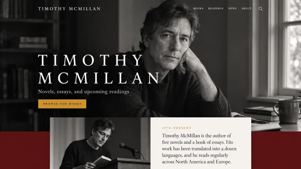Author website design, literary novelist in black and white: black and white author portrait, a white spaced serif name, a gold button and a deep red band below
