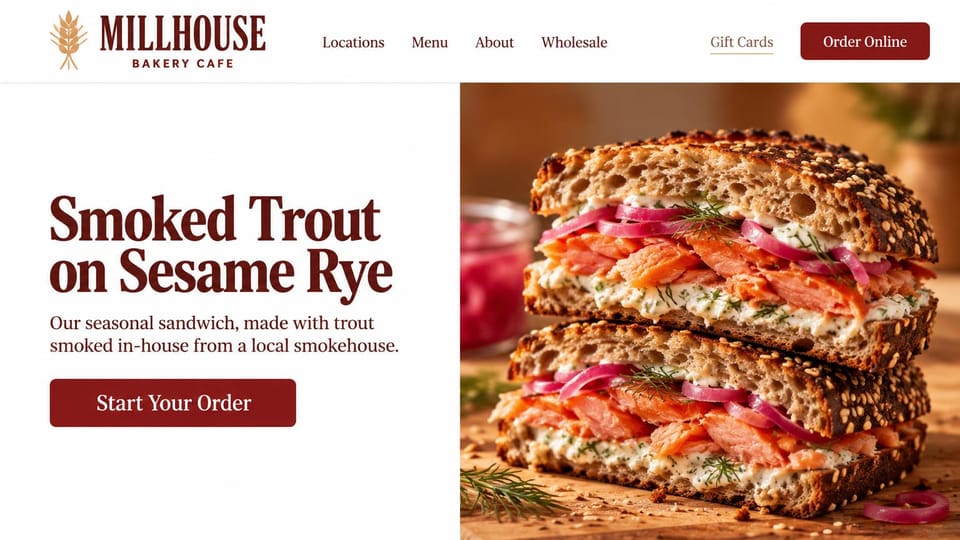 Cafe website design, bakery cafe led by a seasonal sandwich: white page, a deep red condensed headline beside a smoked trout sandwich on seeded rye