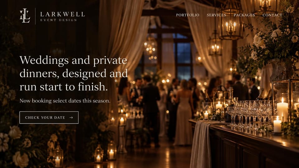 Event planner website design, event designer with a candlelit bar: dark draped reception hall with chandeliers, candles and a bar of glasses, white serif headline, outlined date button