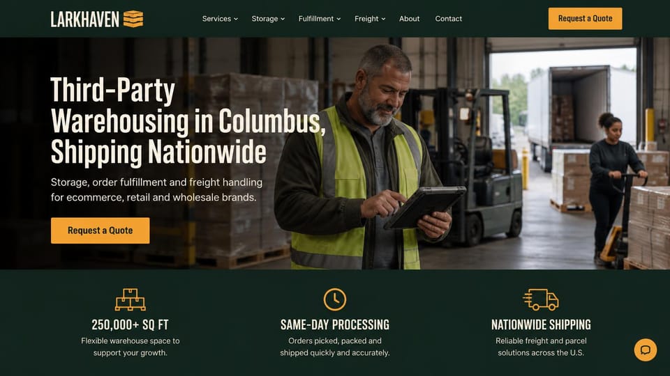 Logistics website design, third-party warehousing with a manager on the floor: dark green page, a bearded manager in a safety vest using a tablet in a warehouse, cream condensed headline, orange buttons, three orange icons