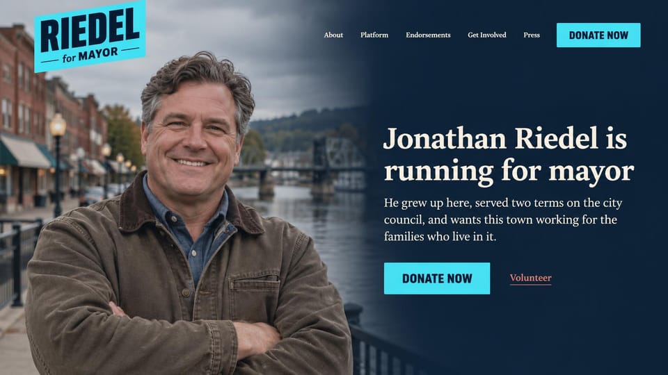 Political campaign website design, mayor's race with a hometown portrait: a smiling man on a riverside main street fading into a navy panel with a cream serif headline and cyan buttons