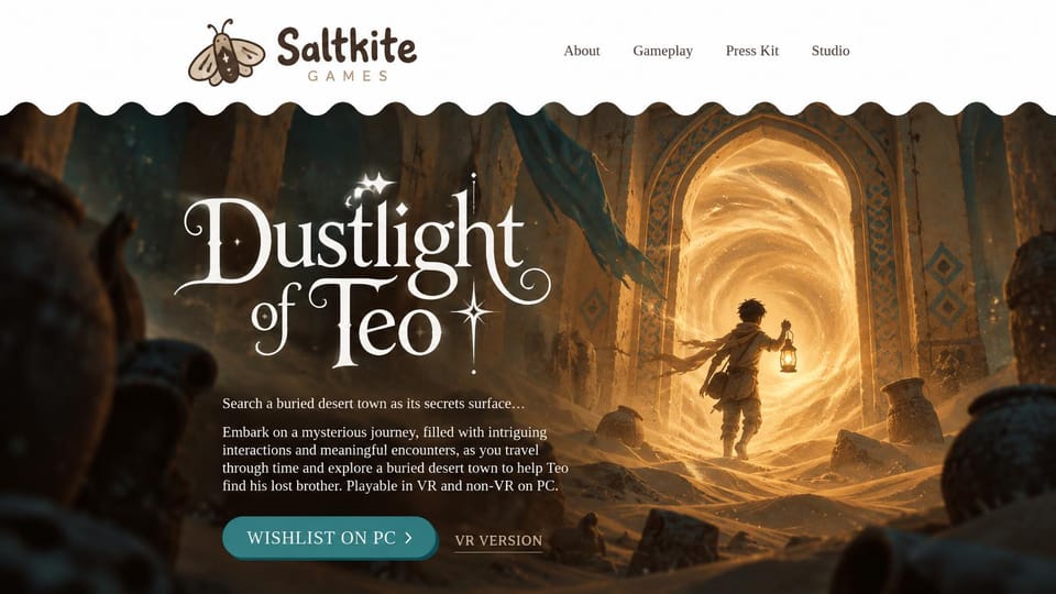 Gaming website design, adventure game with wishlist and VR links: white header with a moth logo above a scalloped edge, a golden desert ruin with a boy holding a lantern at a swirling portal, ornate white title, teal wishlist button