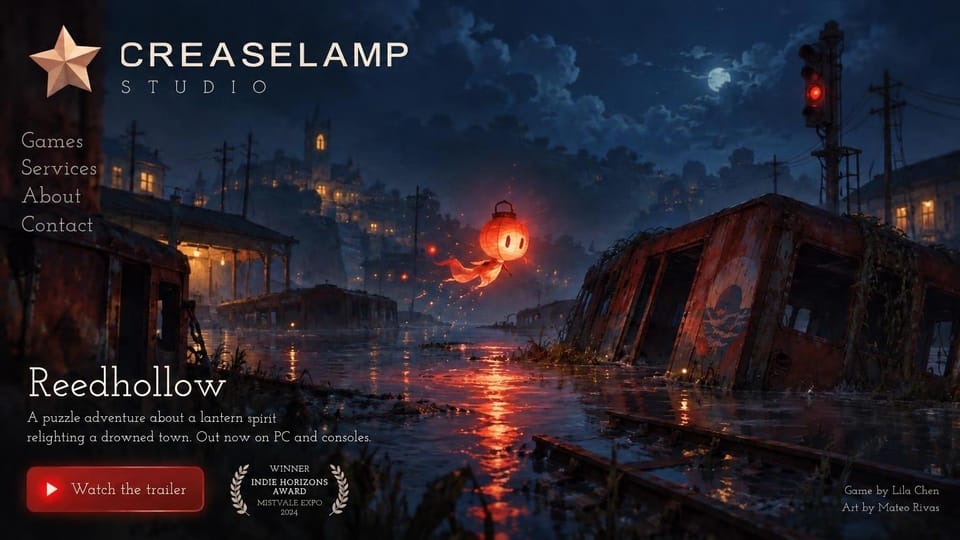 Gaming website design, puzzle adventure launch with a trailer button: dark flooded town at night with a glowing lantern spirit, thin white serif title, a side menu, a red trailer button and an award laurel