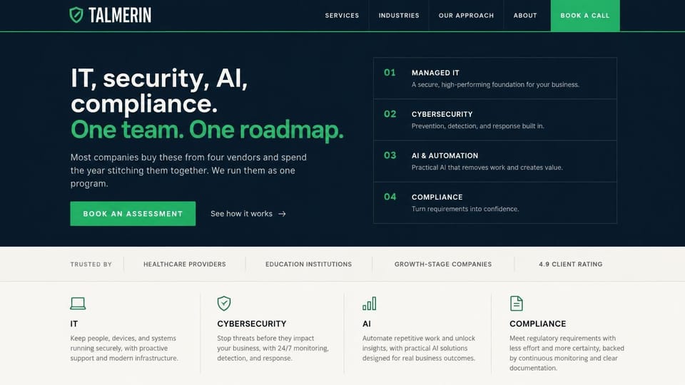 IT company website design, iT, security and compliance as one numbered list: dark slate hero, white headline with a green line, a numbered list of four services, green assessment button, a cream band of client types and service columns below