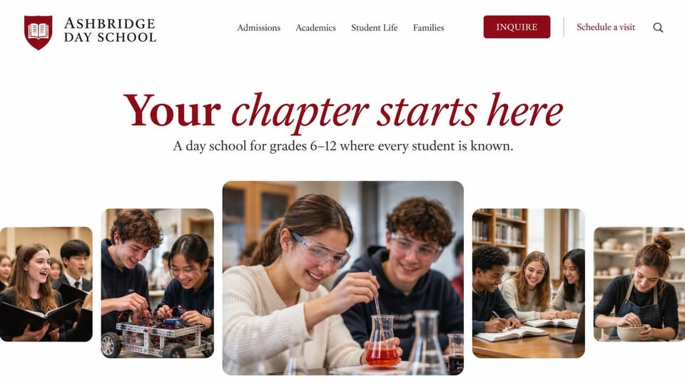 School website design, middle and high school with a photo row: white and deep red, a red serif headline with an italic phrase above a row of rounded photos