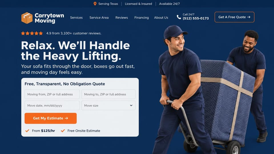 Moving company website design, local movers with a quote form and a starting rate: navy page, a white headline, a white quote form with an orange button, two smiling movers in navy wheeling a padded dresser on a hand truck, a slim top bar
