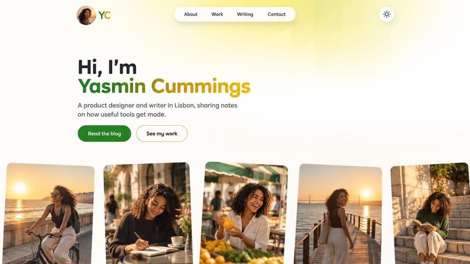One page website design, designer and writer with photos from life: warm white page with a soft yellow glow, a black and green hello, a green blog button and five photos of a woman around a seaside city