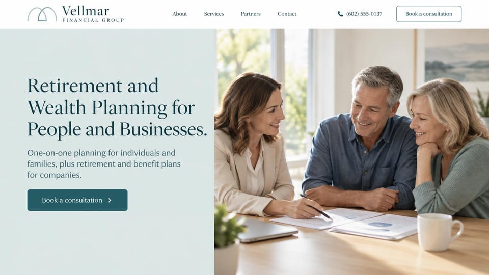 Financial advisor website design, retirement and benefit plans for people and businesses: pale sage panel, dark serif headline and teal button beside a photo of an advisor with a smiling couple at a table