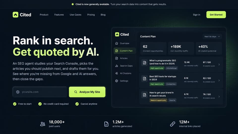 SaaS website design, sEO tool that starts with your web address: dark green and black, white and lime headline, a site address field and a content plan panel