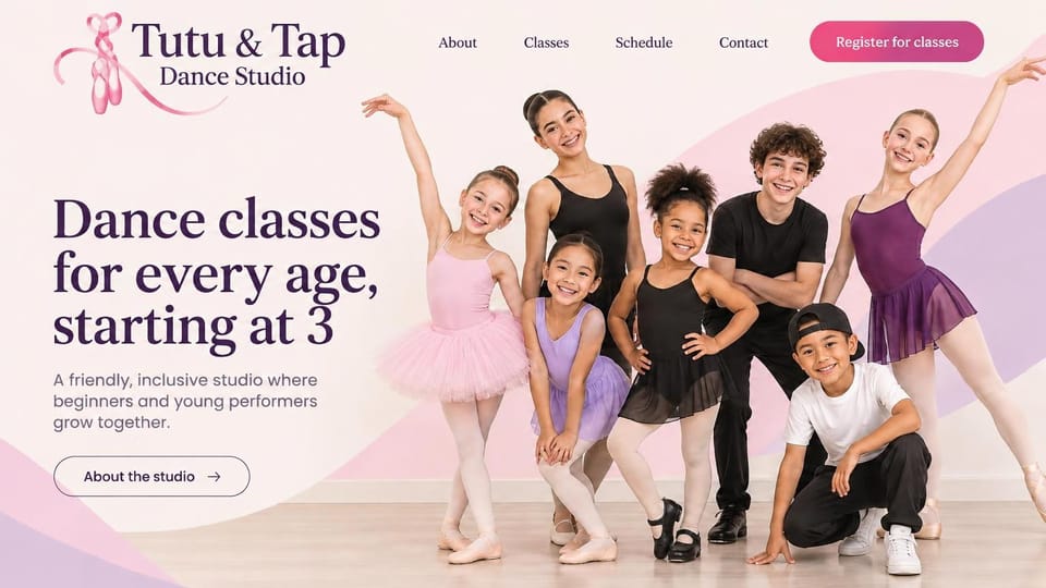 Dance studio website design, inclusive kids studio with a big group photo: blush pink and lavender page, a deep plum serif headline, a group of young dancers in tutus and street clothes posing together, a pink register button
