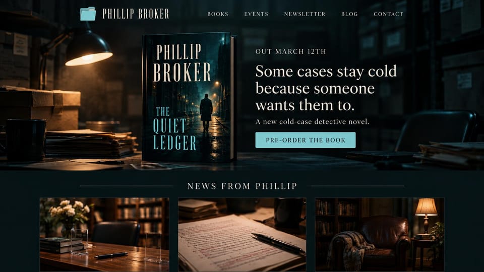 Author website design, detective fiction with a preorder: dark teal and amber, a book cover on a desk, a cyan preorder button and three photo cards