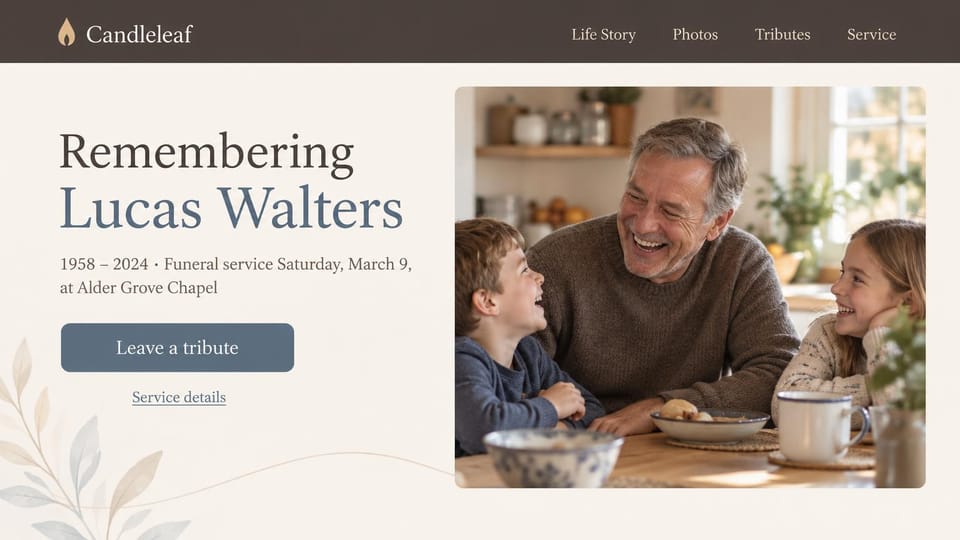 Memorial website design, grandfather's tribute with his grandchildren: cream page with a dark brown menu bar, a slate blue serif name, a slate blue tribute button and a photo of a laughing gray-haired man with two grandchildren at a kitchen table