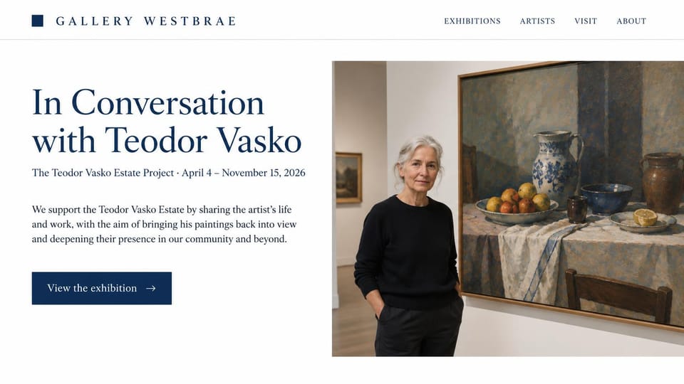 Art gallery website design, painting show for an artist's estate: white page, a navy serif wordmark and headline, a navy button and a gray-haired woman standing beside a large still life of a jug, fruit and bowls