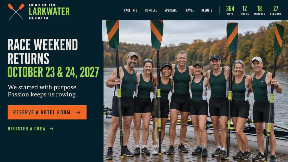 Event website design, rowing regatta with a crew on the dock: dark navy page with a crossed oars logo and countdown, white and lime condensed headline, orange hotel button, photo of a smiling rowing crew holding oars on a dock with autumn trees