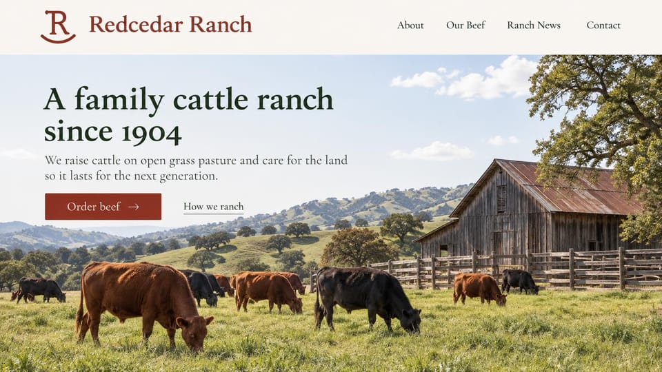 Farm website design, cattle ranch selling beef direct: cream header with a rust R logo, cattle grazing a green pasture below oak hills and a weathered barn, dark green serif headline at upper left, rust order button